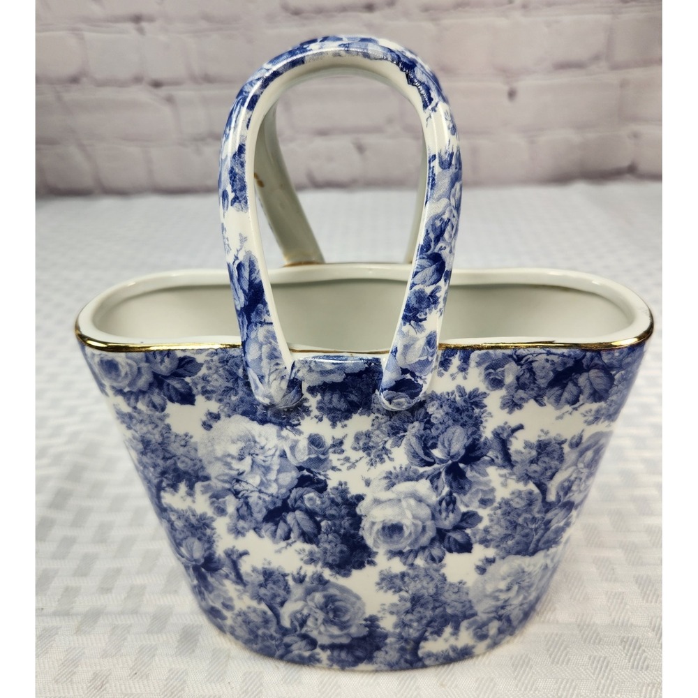 White & Blue Rose Chintz Porcelain Purse Vase Gold Trim A Special Place 2003